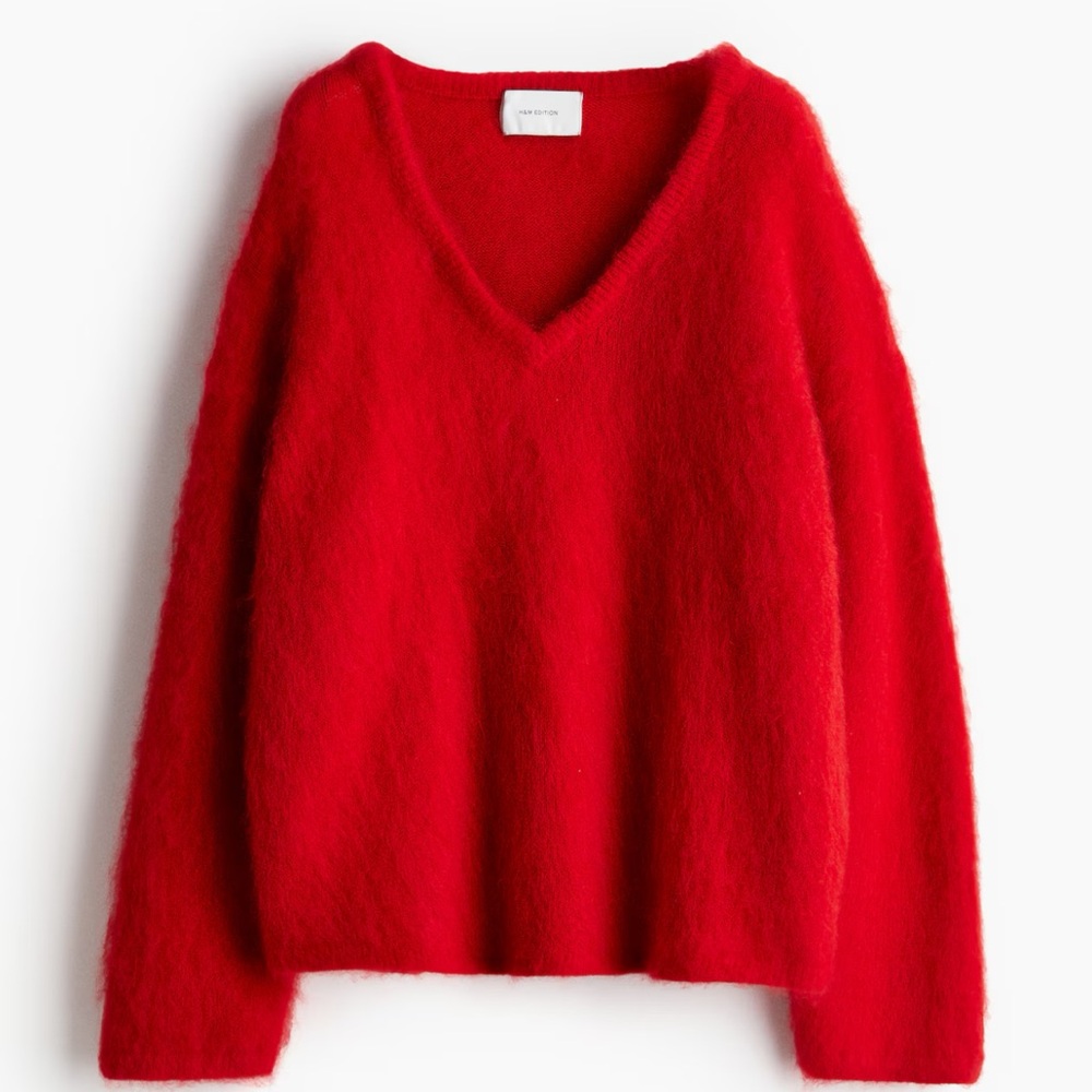 H&M V-Neck Red Mohair-Blend Sweater